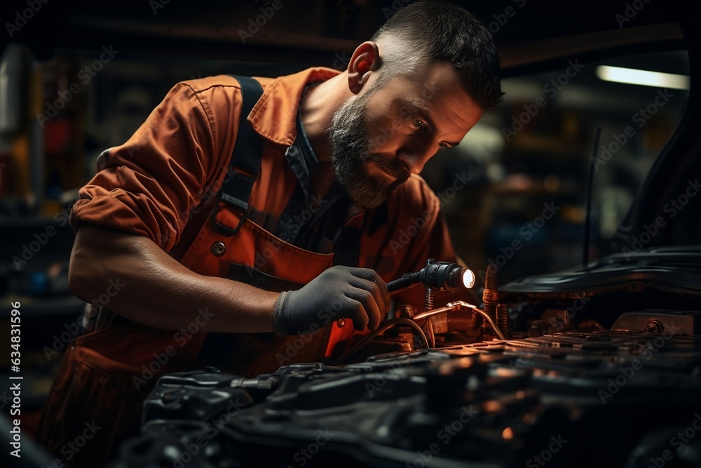 Close-up View of Skilled Mechanic Repairing Vehicle in Auto Service. AI