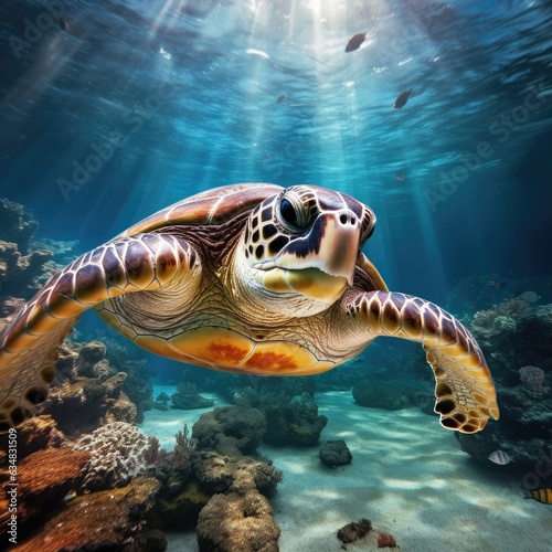 Diving into the Deep: Stunning Sea Turtle Swimming in the Underwater Photography