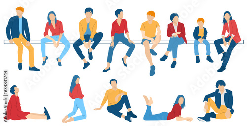 Men, women, teenagers and child sitting on a bench, different colors, cartoon character, group  silhouettes of business people, students, the design concept of flat icon, isolated on white background