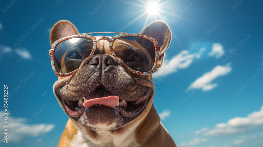Amusing pet summer holiday vacation photography banner - Close-up of a playful bulldog wearing sunglasses, savoring an ice cream cone under the bright blue sky with sunshine in the Generative AI