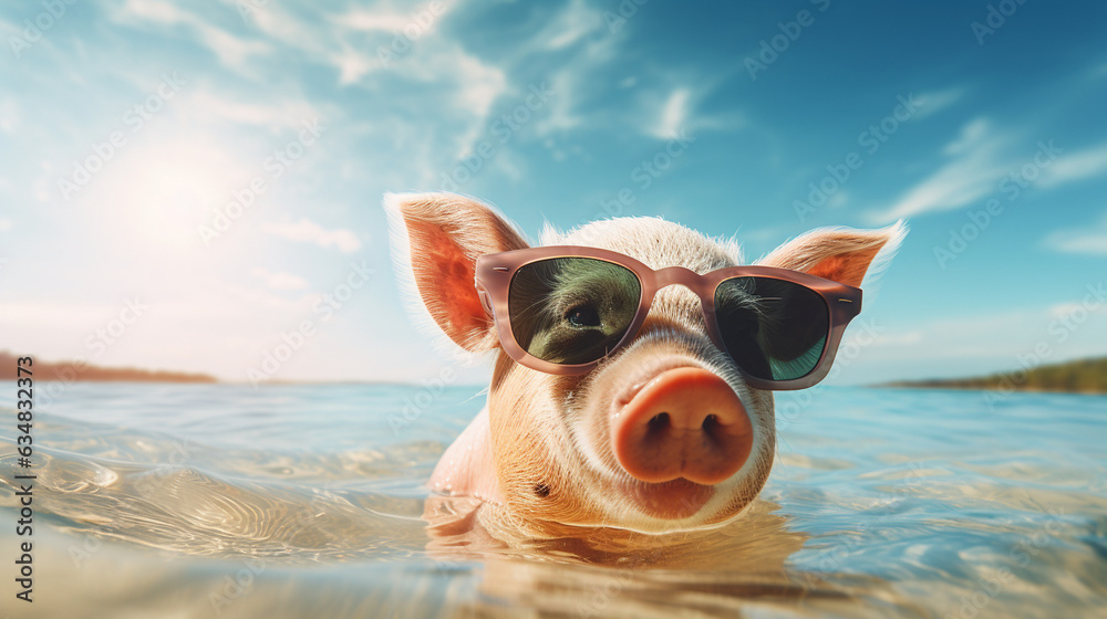 Whimsical pet summer holiday vacation photography banner background - Close-up of a pig adorned with sunglasses, leisurely enjoying a serene time at a tropical ocean beach Generative AI