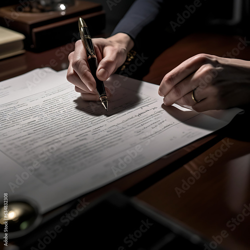 Signing a document, signing a contract, writing a will, signature - on a dark table - created with generative AI technology