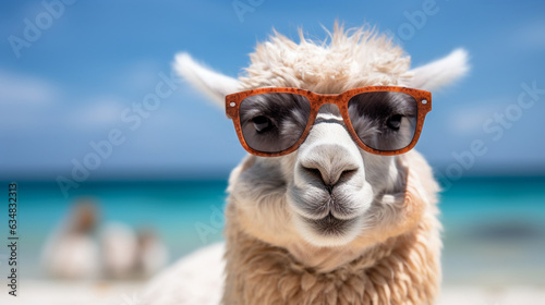 Hilarious animal summer holiday vacation photography banner background - Close-up of a laid-back alpaca donning sunglasses, leisurely relaxing on a tropical ocean beach. Generative AI © Julia