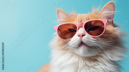 Playful pet summer holiday vacation photography banner - Up-close shot of a whimsical cat sporting sunglasses and relishing an ice cream cone, set against an isolated white backgro Generative AI
