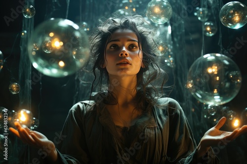 Woman manifesting and pulling bubbles of thoughts, law of attraction, telekineses or manifestation concept, created with generative AI
