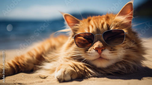 Amusing pet summer holiday vacation photography banner background - Close-up of a cool cat sporting sunglasses, lounging and unwinding on a tranquil tropical ocean beach. Generative AI © Julia