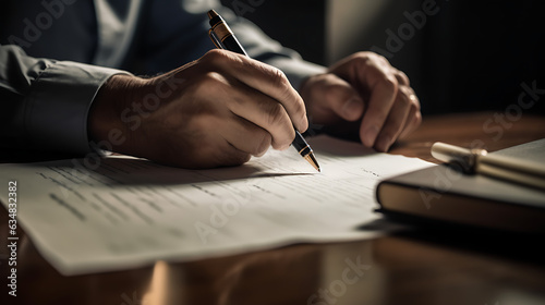 Signing a document, signing a contract, writing a will, signature - on a dark table - created with generative AI technology photo