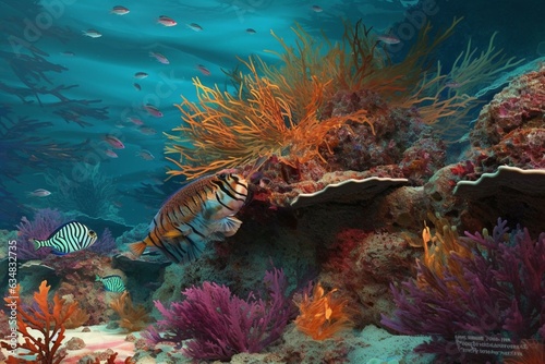 Digital artwork featuring coral reefs, tropical fish, and exploding imagery. Generative AI © Emily