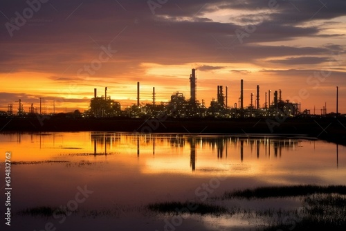 Refinery facility at dawn by a harbor or estuary. Generative AI