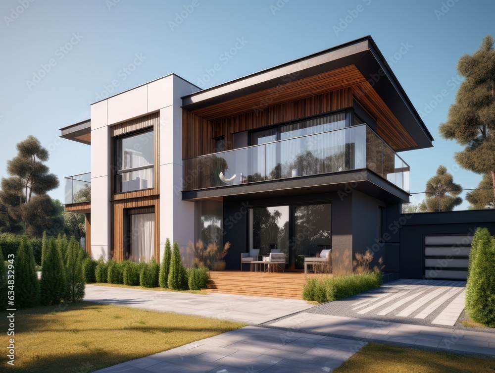 Generative AI illustration showing exterior of contemporary residential building with glass windows and upper balcony with green trees under blue sky on sunny day