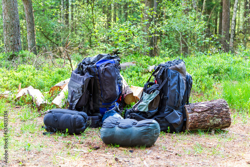 Backpacks unpacked for an overnight stay in the forest photo