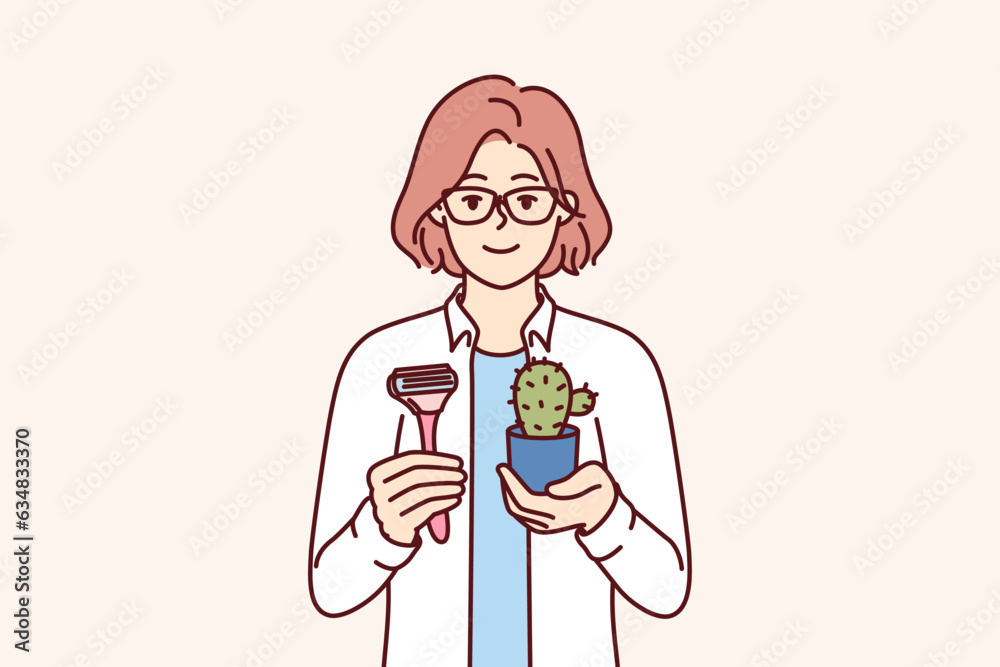 Woman beautician offers to do depilation and get rid of body hair, holding razor and cactus in hands. Positive girl from cosmetology clinic recommends procedure of depilation and sugaring Woman beautician offers to do depilation and get rid of body hair, holding razor and cactus in hands. Positive girl from cosmetology clinic recommends procedure of depilation and sugaring