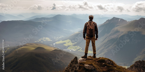 Hiker triumphantly standing at a mountain summit, embodying achievement and success, with a breathtaking view of nature's grandeur.