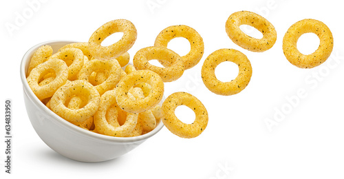 Falling crispy onion rings isolated on white background