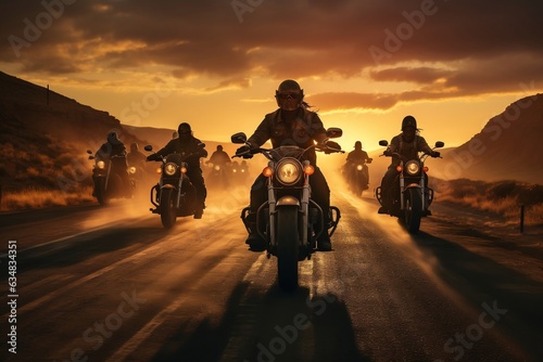 Collective of Motorcyclists Cruising Together During Sunset. AI photo