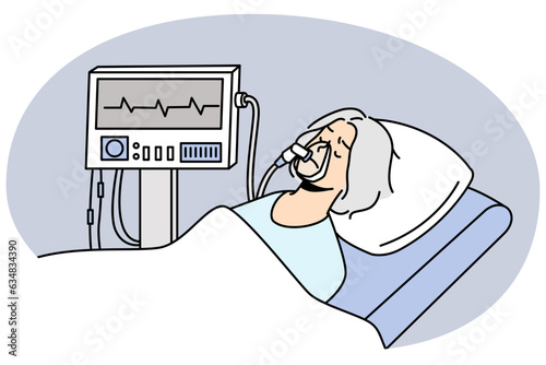 Old woman in mask lying under ventilator in hospital. Mature patient breathing with ventilating machine. ICU hospital intensive. Vector illustration.