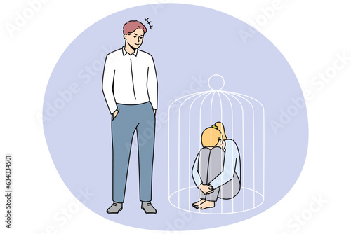 Authoritarian man lock woman in cage. Wife suffer from domestic violence and no rights. Toxic relationships concept. Vector illustration.