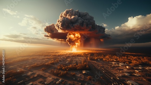 Nuclear explosion day or night. Stormy sky, shock wave against the background of a nuclear fungus in the process of releasing thermal and radiant energy as a result of an uncontrolled nuclear fission  photo