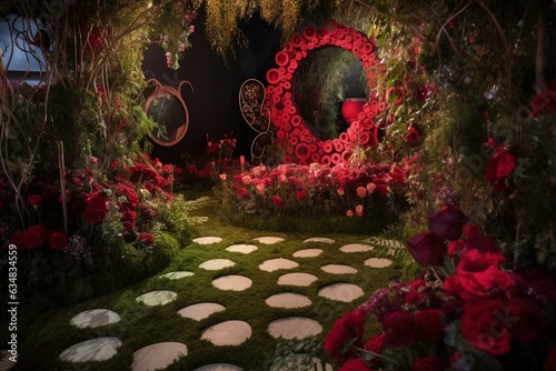 Fantasy garden inspired by the Queen of Hearts from Alice in Wonderland. Generative AI photo