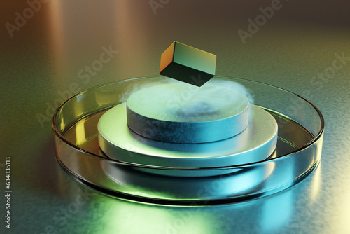 Artificial floating rock on a stack of metallic disc and magnet which in turn in a petri dish. Illustration of the concept of potential room temperature superconductors photo
