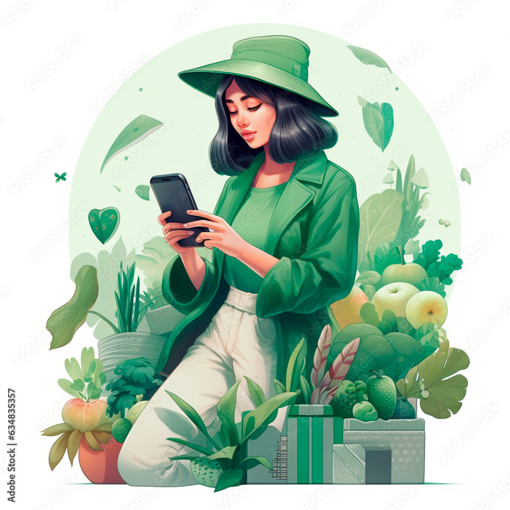 AI generated: Illustration of a woman making a sustainable e-commerce purchase. Online shopping.
