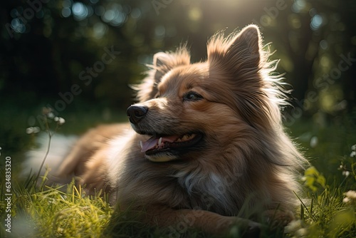 Cute puppy lying under the sun, surrounded by serene nature., generative IA © Gabriel