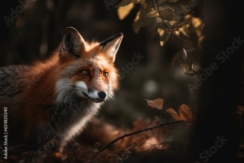 Fluffy fox lurking in the forest: wild serenity., generative IA