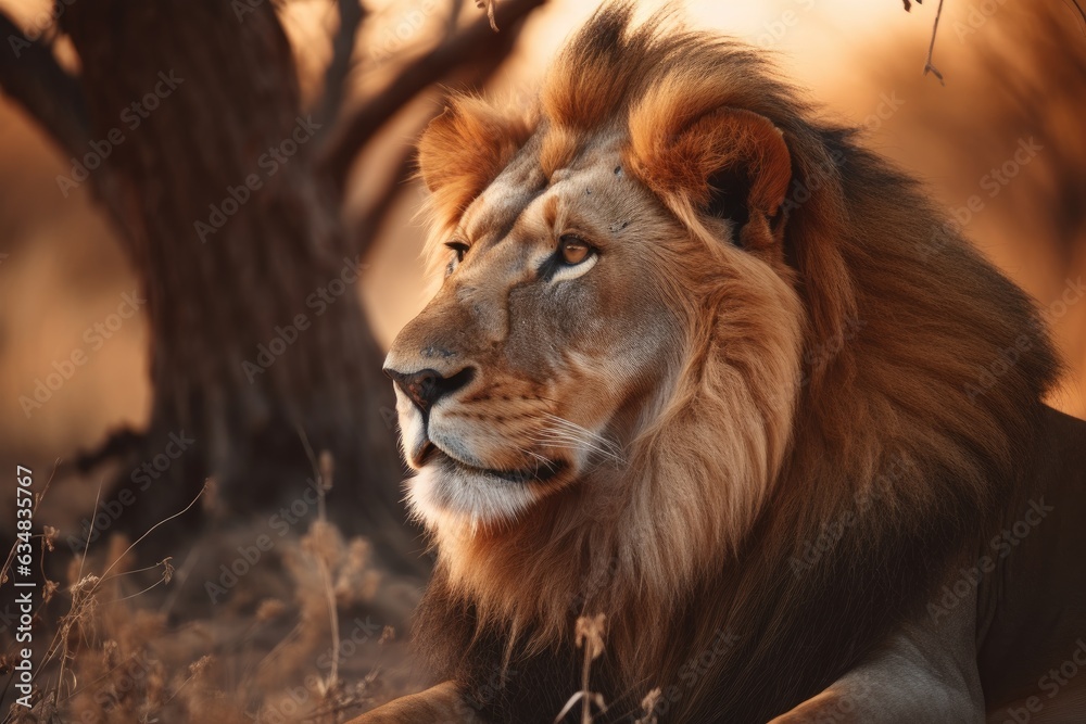 Majestic lion rests on the savannah at sunset., generative IA
