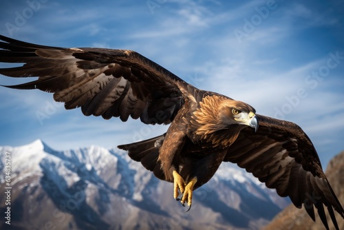 Majestic golden eagle flying over mountains. Fierce and imposing., generative IA