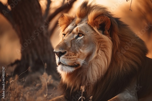 Majestic lion rests on the savannah at sunset.  generative IA