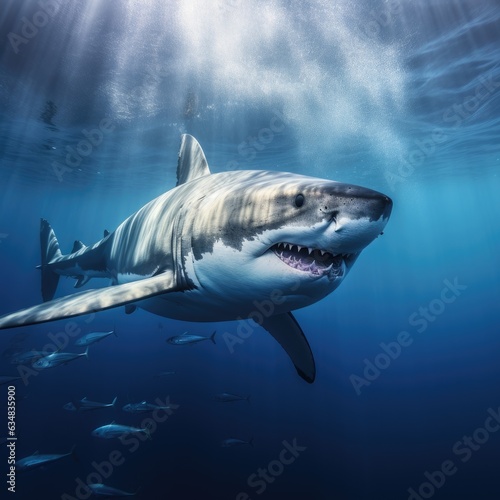 Captivating Underwater Photography  Majestic Great White Shark Gliding Through the Deep Sea