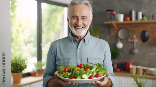 Portrait of pensioner mature man holding dish of healthy vegetable salad with smiley face.generative ai