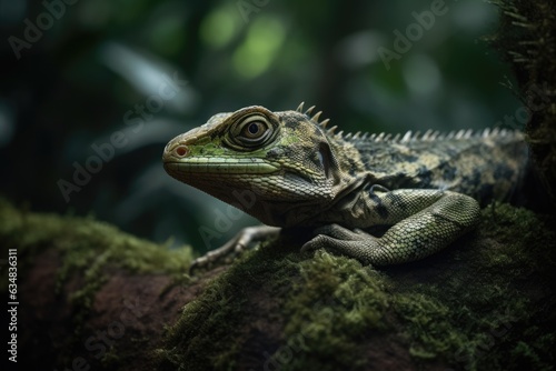 Exotic lizard in volcanic stone, mysterious look., generative IA © Gabriel