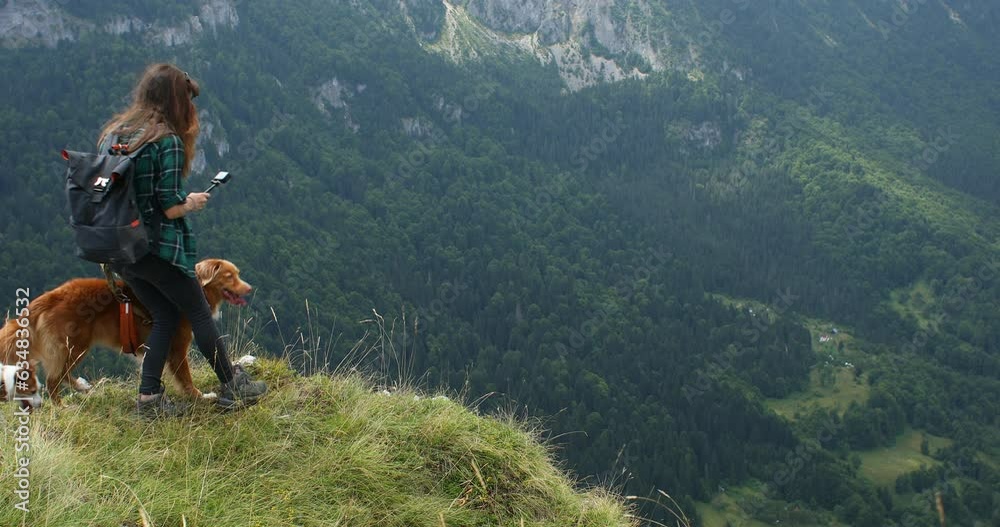 Girl with dogs at a mountain viewpoint is filming a panorama of a valley. A hiker with a Nova Scotia Tolling Retriever and a Jack Russell Retriever travel in the Durmitor National Park in Montenegro.