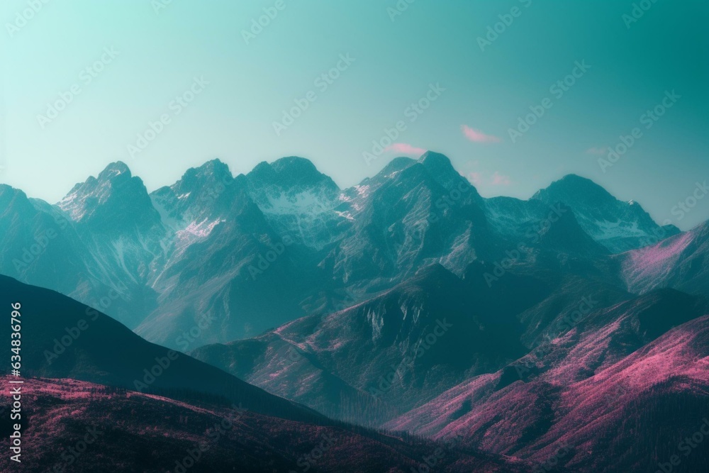 Nature background featuring mountains with a gradient of blue and pink. Generative AI