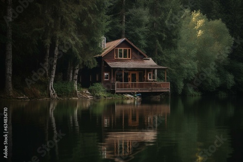A tranquil cabin beside a serene body of water. Generative AI