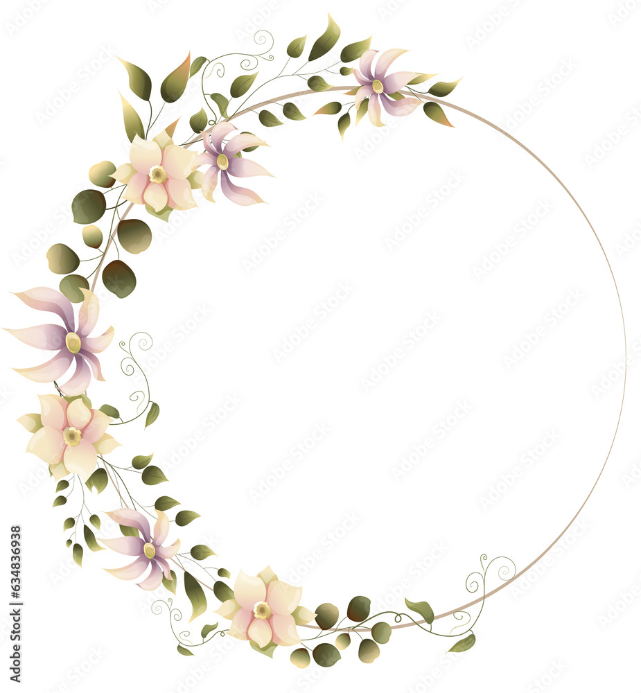 Floral frame with delicate flowers and greenery illustration, flower border clipart, floral wreath