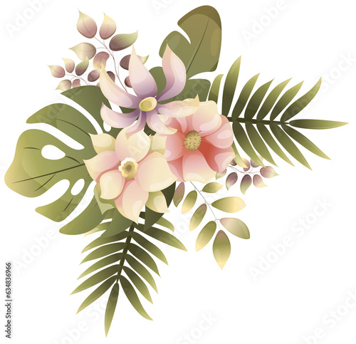 Tropical florals bouquet clipart. Pink, violet and yellow exotic flowers illustration. Monstera and palm leaves arrangement. Wedding invitation, card making, logo design