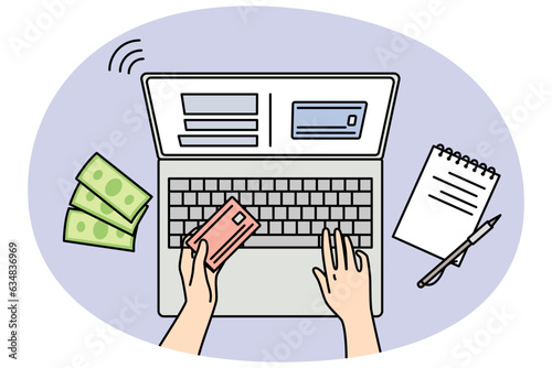 Closeup of person shopping online on laptop paying with credit card. Client make internet payment on computer. Web banking concept. Vector illustration.