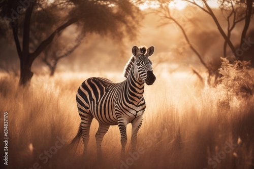 Zebra gracefully standing out in the vast savannah.  generative IA