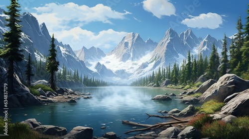  a painting of a mountain lake surrounded by trees and rocks. generative ai