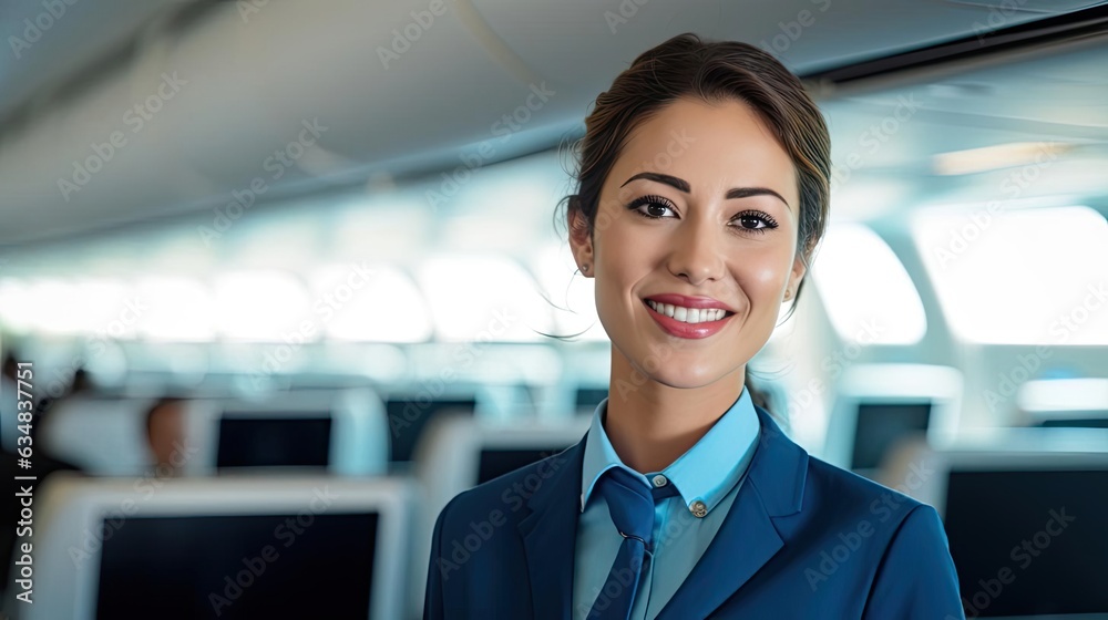 Smiling female flight attendant wearing glasses. Smiling female flight attendant wearing glasses.