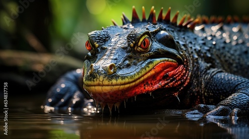  a close up of a large alligator in water with its mouth open.  generative ai