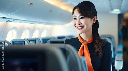 Smiling female flight attendant wearing glasses.