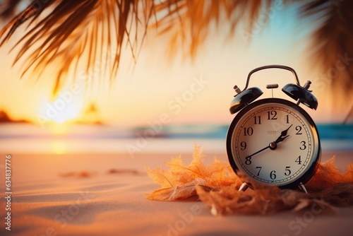 Selective Focus: Alarm Clock on Sand with Bokeh Beach Background. AI
