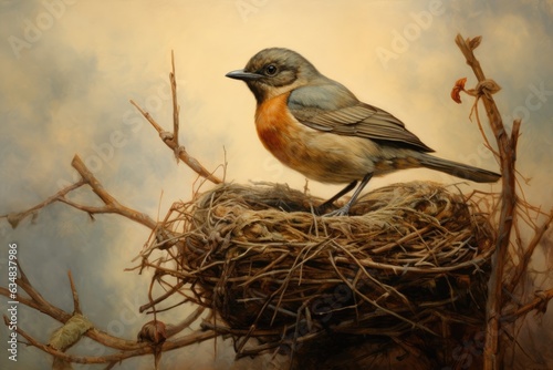 Bird in the nest. Photo in old color image style. Shallow depth of field. a painting of a bird sitting on top of a nest, AI Generated