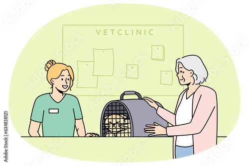 Old woman bring pet to vet clinic. Mature female take cat in cage to veterinary hospital. Domestic animals care. Vector illustration.
