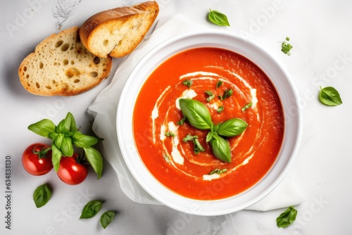 Bowl of hot tomato soup. Healthy vegetarian dish of roasted tomatoes with garlic and basil. Mediterranean cuisine. Top view. photo