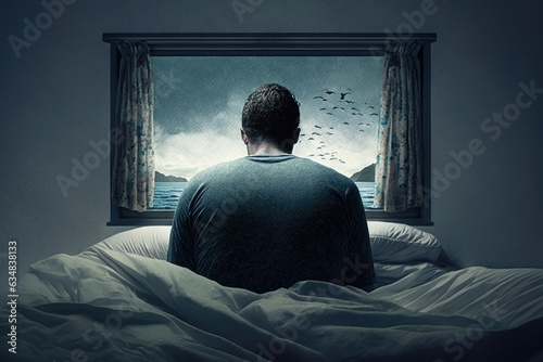Young man sitting in bed and looking at the sea through a window