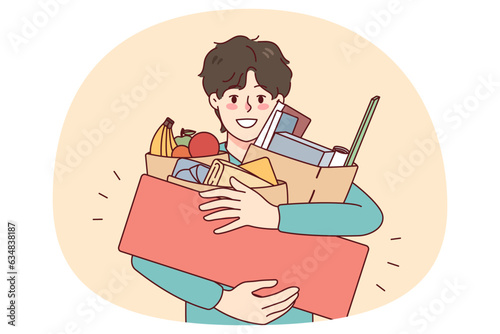 Happy man holding bags with products bought on sale or promotion. Smiling male shopaholic excited with discount offers on black Friday. Shopping concept. Vector illustration.